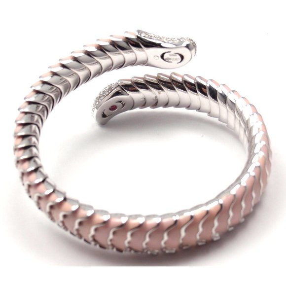 Authentic! ROBERTO COIN 18k White Gold Enamel Ruby Diamond Cobra Bangle Bracelet - Picture 4 of 8